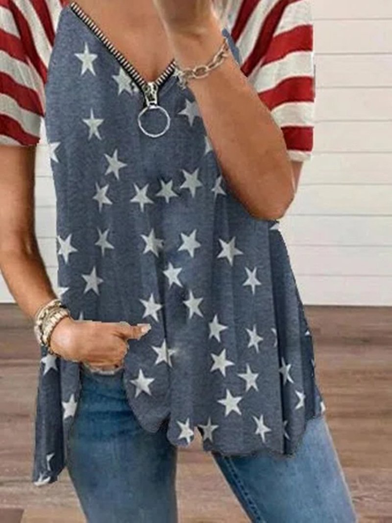 Loose Star Print Zipper V-neck Short-sleeved T-shirt - T-shirts - INS | Online Fashion Free Shipping Clothing, Dresses, Tops, Shoes - 24/05/2021 - Color_Gray - LXQ