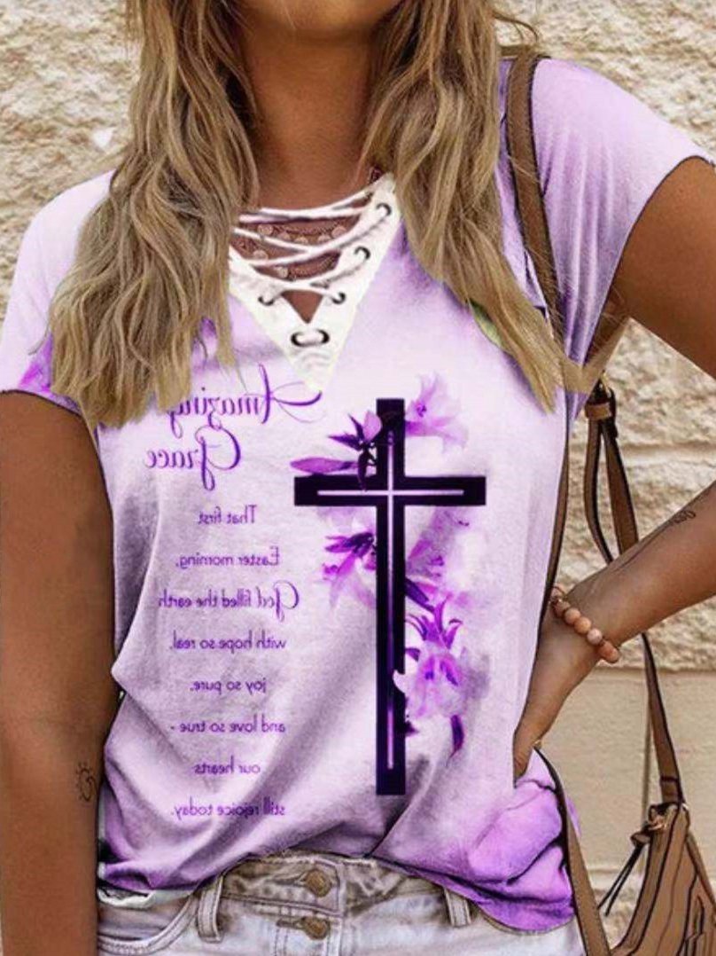 Loose Street Print V-neck Short-sleeved T-shirt - T-shirts - INS | Online Fashion Free Shipping Clothing, Dresses, Tops, Shoes - 07/06/2021 - Color_Blue - Color_Purple