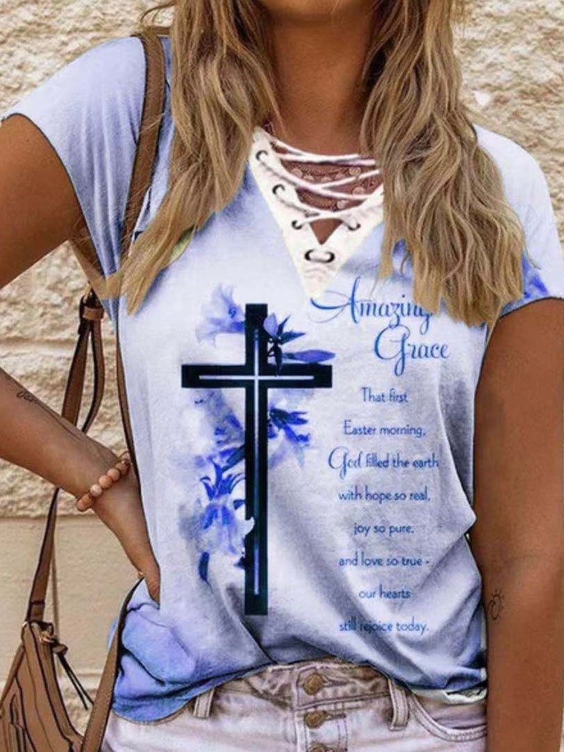 Loose Street Print V-neck Short-sleeved T-shirt - T-shirts - INS | Online Fashion Free Shipping Clothing, Dresses, Tops, Shoes - 07/06/2021 - Color_Blue - Color_Purple