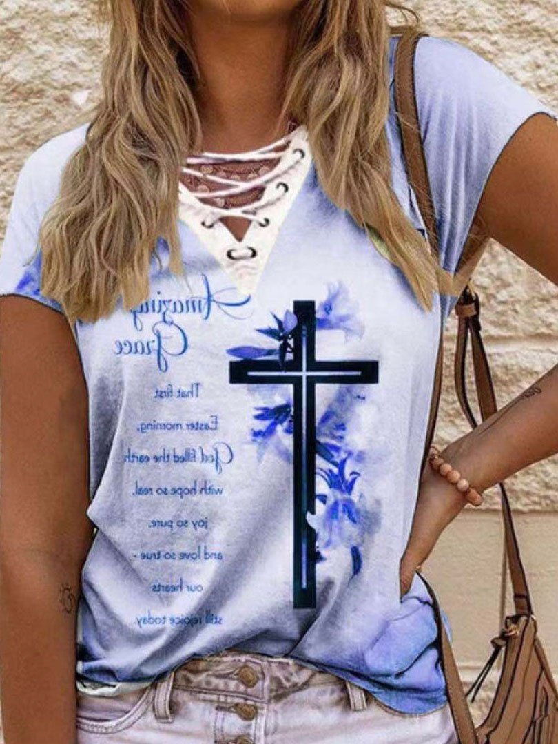 Loose Street Print V-neck Short-sleeved T-shirt - T-shirts - INS | Online Fashion Free Shipping Clothing, Dresses, Tops, Shoes - 07/06/2021 - Color_Blue - Color_Purple