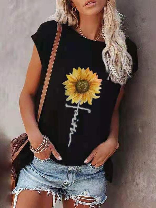Loose Sunflower Print Round Neck Short Sleeve T-Shirt - T-Shirts - INS | Online Fashion Free Shipping Clothing, Dresses, Tops, Shoes - 02/07/2021 - 10-20 - Category_T-Shirts