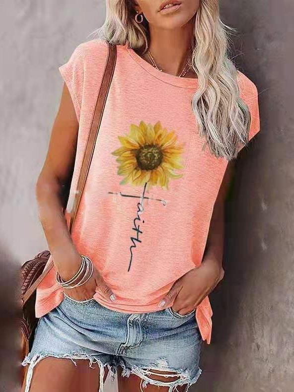 Loose Sunflower Print Round Neck Short Sleeve T-Shirt - T-Shirts - INS | Online Fashion Free Shipping Clothing, Dresses, Tops, Shoes - 02/07/2021 - 10-20 - Category_T-Shirts