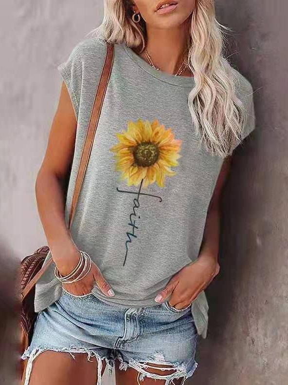 Loose Sunflower Print Round Neck Short Sleeve T-Shirt - T-Shirts - INS | Online Fashion Free Shipping Clothing, Dresses, Tops, Shoes - 02/07/2021 - 10-20 - Category_T-Shirts