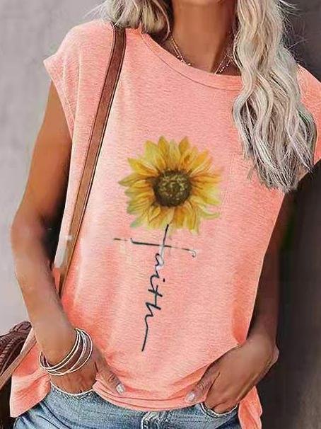 Loose Sunflower Print Round Neck Short Sleeve T-Shirt - T-Shirts - INS | Online Fashion Free Shipping Clothing, Dresses, Tops, Shoes - 02/07/2021 - 10-20 - Category_T-Shirts
