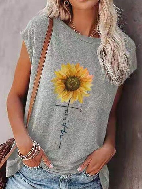 Loose Sunflower Print Round Neck Short Sleeve T-Shirt - T-Shirts - INS | Online Fashion Free Shipping Clothing, Dresses, Tops, Shoes - 02/07/2021 - 10-20 - Category_T-Shirts