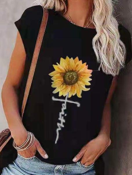 Loose Sunflower Print Round Neck Short Sleeve T-Shirt - T-Shirts - INS | Online Fashion Free Shipping Clothing, Dresses, Tops, Shoes - 02/07/2021 - 10-20 - Category_T-Shirts