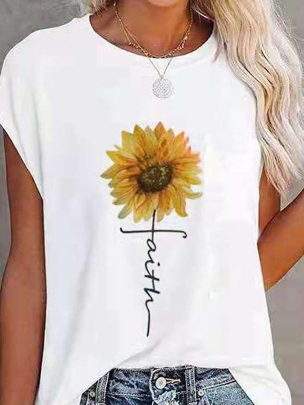Loose Sunflower Print Round Neck Short Sleeve T-Shirt - T-Shirts - INS | Online Fashion Free Shipping Clothing, Dresses, Tops, Shoes - 02/07/2021 - 10-20 - Category_T-Shirts