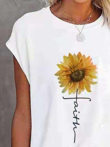 Loose Sunflower Print Round Neck Short Sleeve T-Shirt - T-Shirts - INS | Online Fashion Free Shipping Clothing, Dresses, Tops, Shoes - 02/07/2021 - 10-20 - Category_T-Shirts