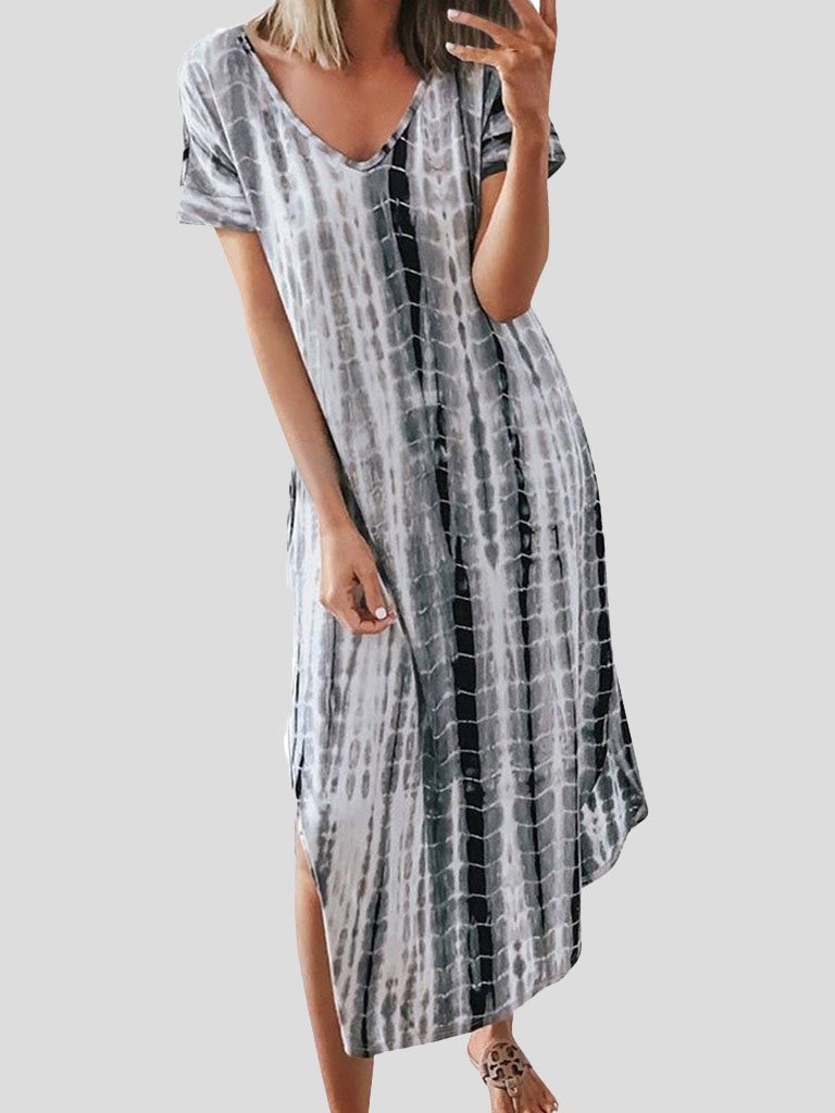 Loose Tie-Dye Printed V-Neck Split Dress - Maxi Dresses - INS | Online Fashion Free Shipping Clothing, Dresses, Tops, Shoes - 10-20 - 12/07/2021 - Category_Maxi Dresses