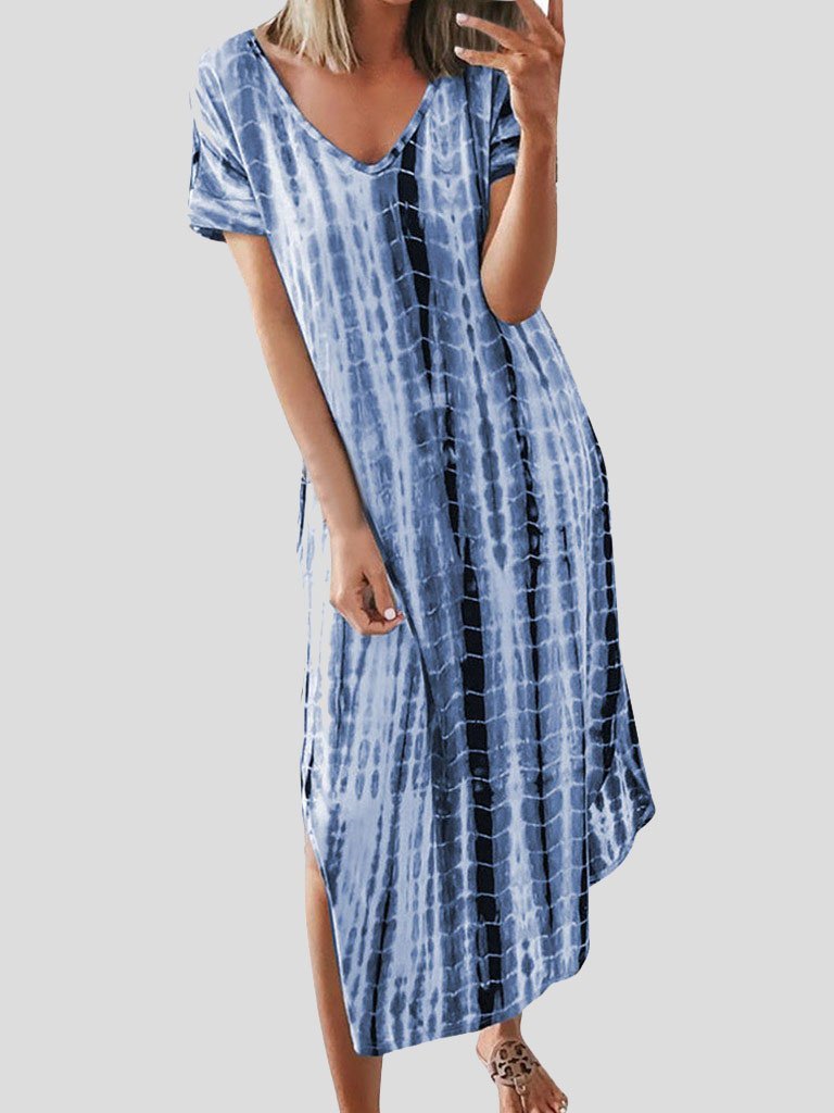 Loose Tie-Dye Printed V-Neck Split Dress - Maxi Dresses - INS | Online Fashion Free Shipping Clothing, Dresses, Tops, Shoes - 10-20 - 12/07/2021 - Category_Maxi Dresses
