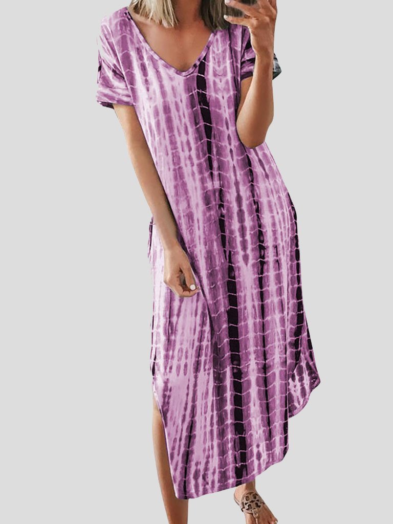 Loose Tie-Dye Printed V-Neck Split Dress - Maxi Dresses - INS | Online Fashion Free Shipping Clothing, Dresses, Tops, Shoes - 10-20 - 12/07/2021 - Category_Maxi Dresses