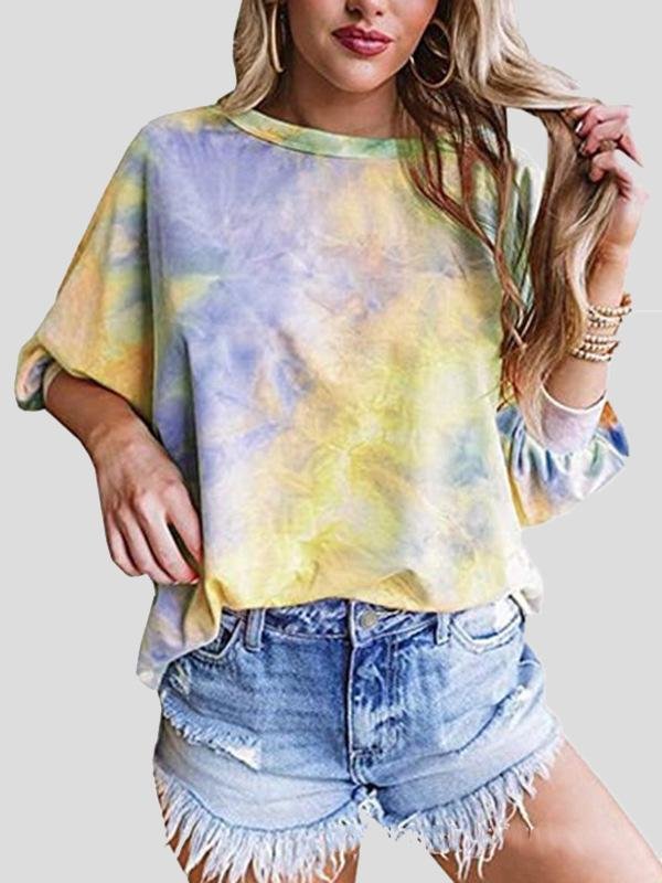 Loose Tie-Dye Round Neck 3/4 Sleeve T-Shirt - T-Shirts - INS | Online Fashion Free Shipping Clothing, Dresses, Tops, Shoes - 10-20 - 17/07/2021 - Category_T-Shirts