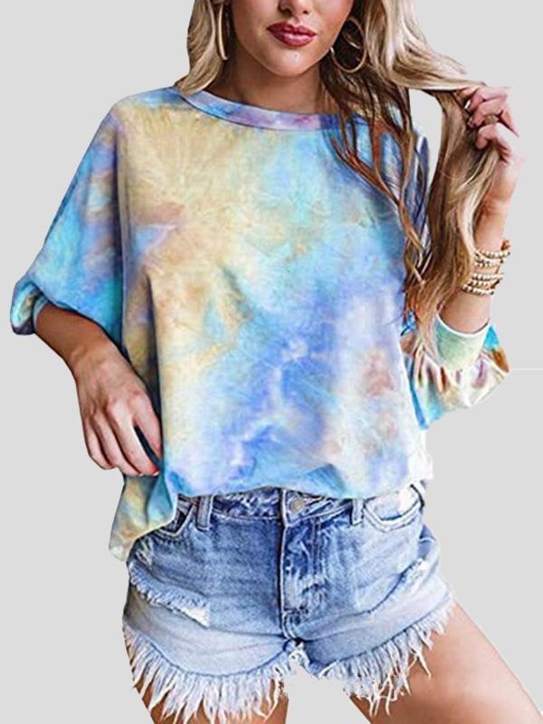 Loose Tie-Dye Round Neck 3/4 Sleeve T-Shirt - T-Shirts - INS | Online Fashion Free Shipping Clothing, Dresses, Tops, Shoes - 10-20 - 17/07/2021 - Category_T-Shirts