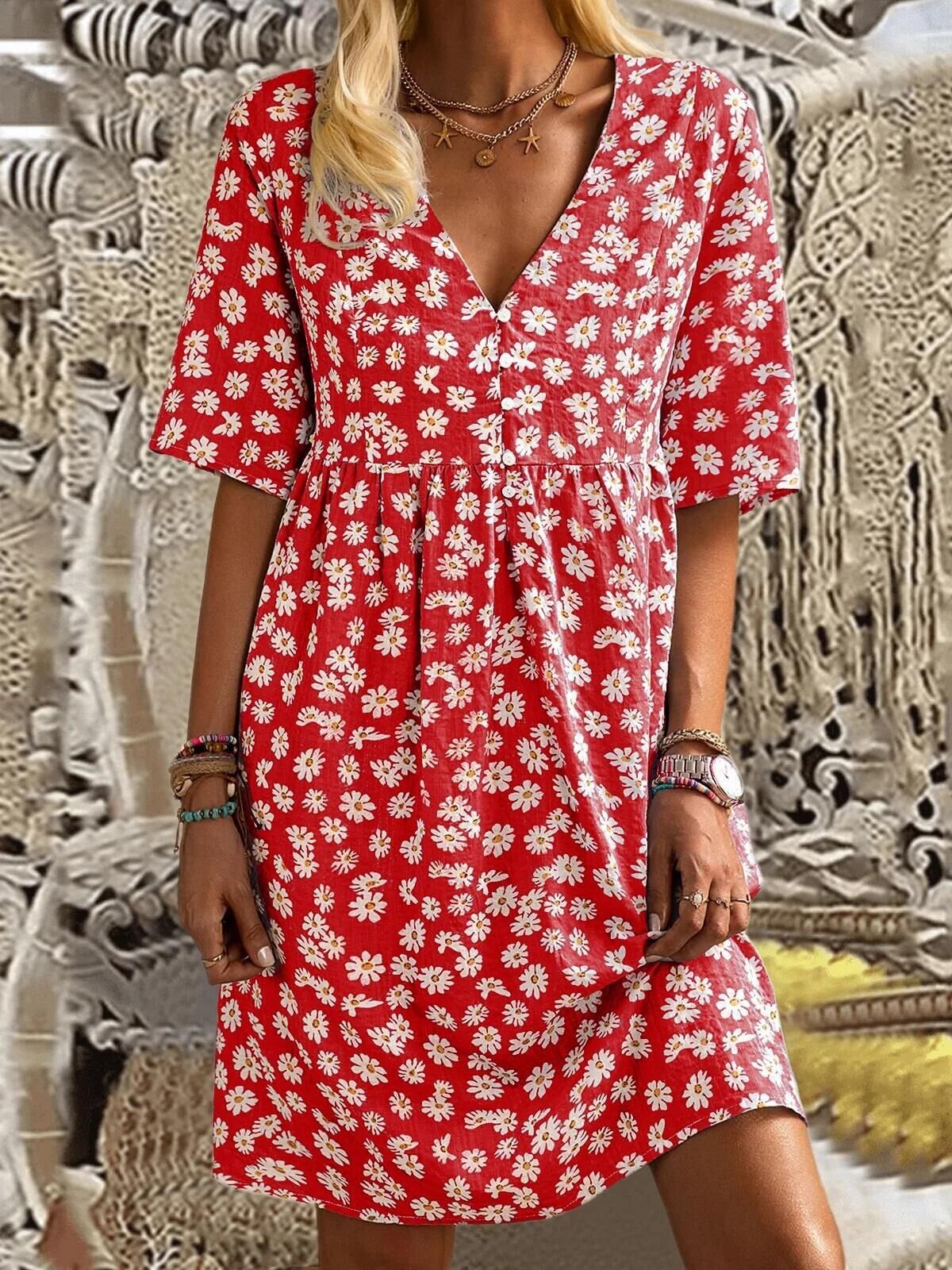 Loose V-neck Floral Print Mid Sleeve Dress - Mini Dresses - INS | Online Fashion Free Shipping Clothing, Dresses, Tops, Shoes - 20-30 - 21/06/2021 - color-blue