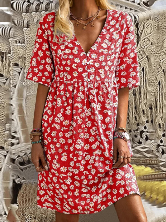 Loose V-neck Floral Print Mid Sleeve Dress - Mini Dresses - INS | Online Fashion Free Shipping Clothing, Dresses, Tops, Shoes - 20-30 - 21/06/2021 - color-blue