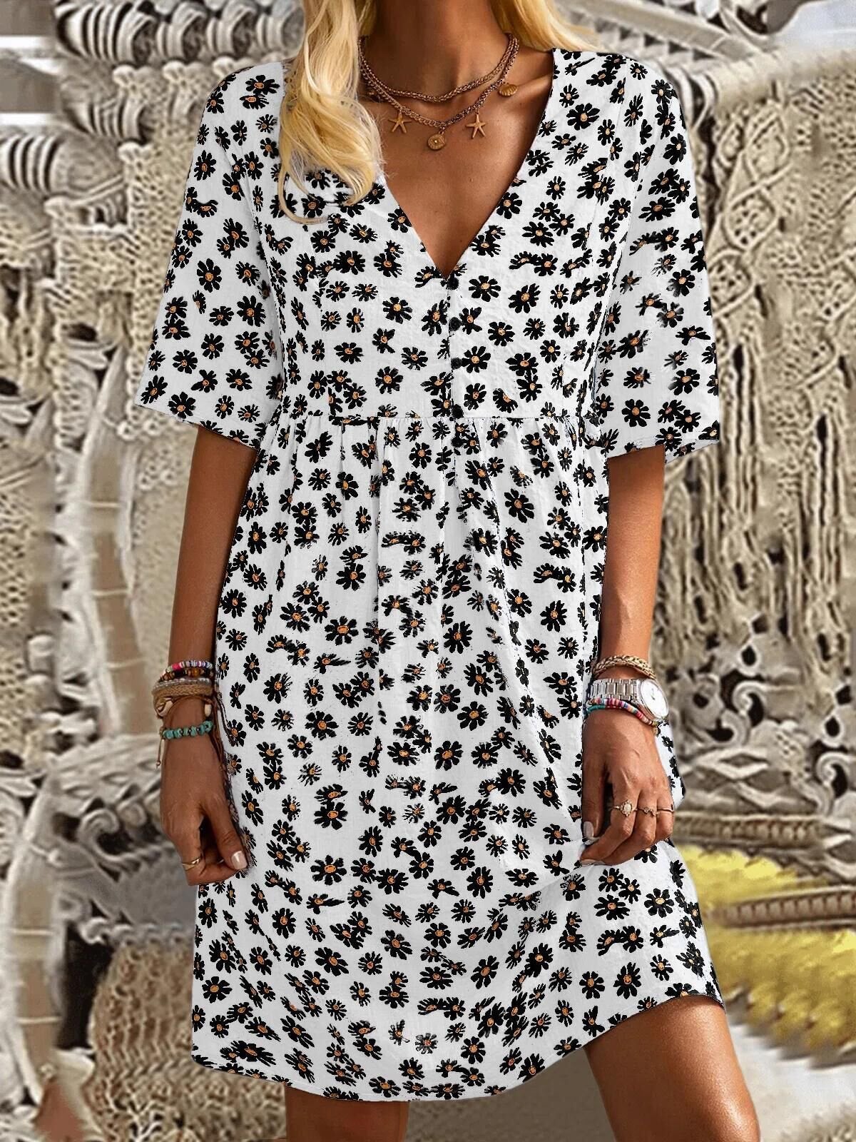 Loose V-neck Floral Print Mid Sleeve Dress - Mini Dresses - INS | Online Fashion Free Shipping Clothing, Dresses, Tops, Shoes - 20-30 - 21/06/2021 - color-blue