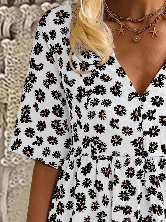 Loose V-neck Floral Print Mid Sleeve Dress - Mini Dresses - INS | Online Fashion Free Shipping Clothing, Dresses, Tops, Shoes - 20-30 - 21/06/2021 - color-blue