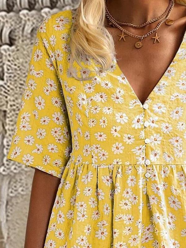 Loose V-neck Floral Print Mid Sleeve Dress - Mini Dresses - INS | Online Fashion Free Shipping Clothing, Dresses, Tops, Shoes - 20-30 - 21/06/2021 - color-blue