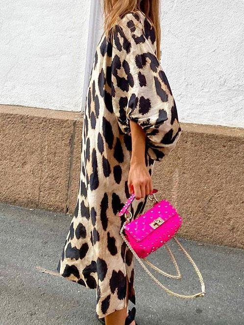 Loose V-Neck Lantern Sleeve Leopard Print Dress - Maxi Dresses - INS | Online Fashion Free Shipping Clothing, Dresses, Tops, Shoes - 14/07/2021 - 20-30 - Category_Maxi Dresses