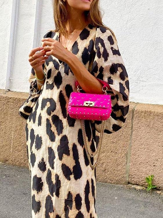Loose V-Neck Lantern Sleeve Leopard Print Dress - Maxi Dresses - INS | Online Fashion Free Shipping Clothing, Dresses, Tops, Shoes - 14/07/2021 - 20-30 - Category_Maxi Dresses