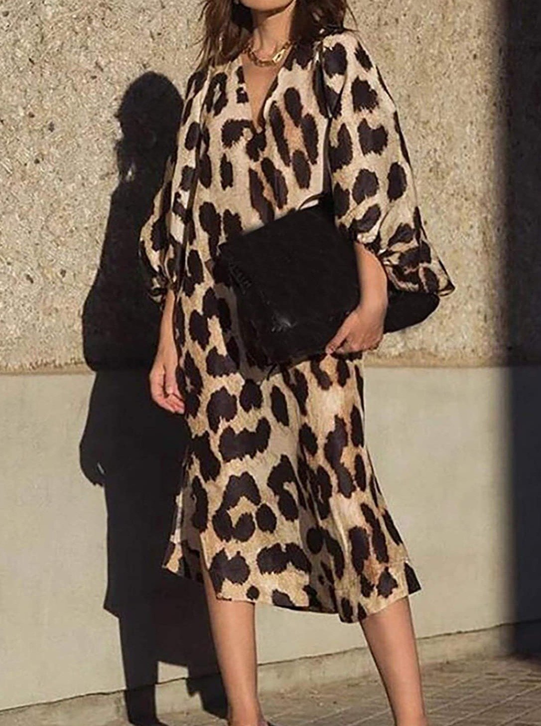 Loose V-Neck Lantern Sleeve Leopard Print Dress - Maxi Dresses - INS | Online Fashion Free Shipping Clothing, Dresses, Tops, Shoes - 14/07/2021 - 20-30 - Category_Maxi Dresses