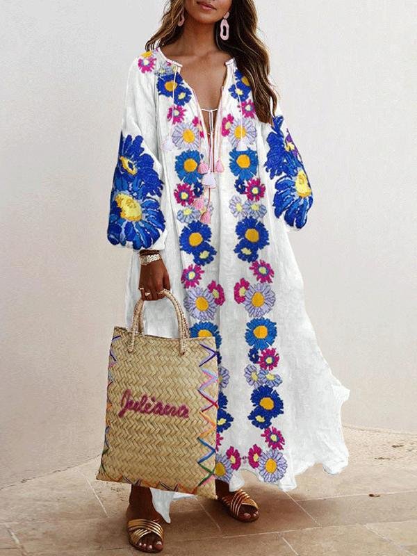 Loose V-Neck Long Sleeve Printed Dress - Maxi Dresses - INS | Online Fashion Free Shipping Clothing, Dresses, Tops, Shoes - 07/07/2021 - 30-40 - Category_Maxi Dresses