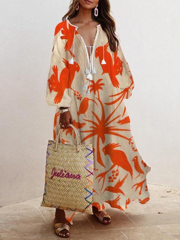 Loose V-Neck Long Sleeve Printed Dress - Maxi Dresses - INS | Online Fashion Free Shipping Clothing, Dresses, Tops, Shoes - 07/07/2021 - 30-40 - Category_Maxi Dresses