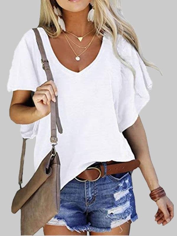 Loose V-neck Lotus Leaf Short Sleeve T-shirt - T-Shirts - INS | Online Fashion Free Shipping Clothing, Dresses, Tops, Shoes - 03/06/2021 - Category_T-Shirts - Color_Black