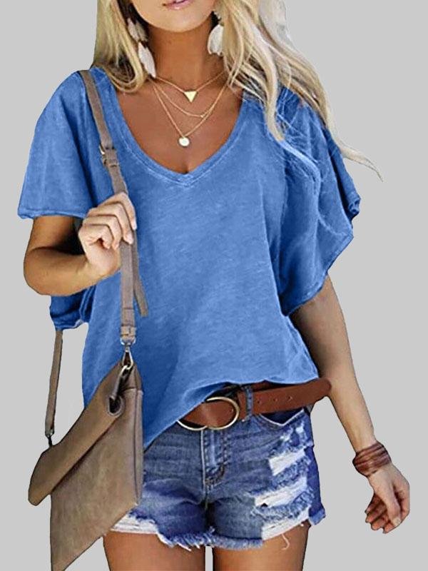 Loose V-neck Lotus Leaf Short Sleeve T-shirt - T-Shirts - INS | Online Fashion Free Shipping Clothing, Dresses, Tops, Shoes - 03/06/2021 - Category_T-Shirts - Color_Black