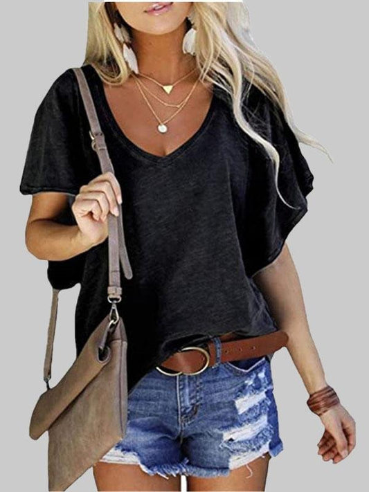 Loose V-neck Lotus Leaf Short Sleeve T-shirt - T-Shirts - INS | Online Fashion Free Shipping Clothing, Dresses, Tops, Shoes - 03/06/2021 - Category_T-Shirts - Color_Black