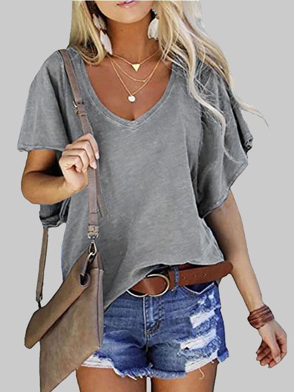 Loose V-neck Lotus Leaf Short Sleeve T-shirt - T-Shirts - INS | Online Fashion Free Shipping Clothing, Dresses, Tops, Shoes - 03/06/2021 - Category_T-Shirts - Color_Black