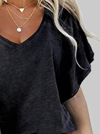 Loose V-neck Lotus Leaf Short Sleeve T-shirt - T-Shirts - INS | Online Fashion Free Shipping Clothing, Dresses, Tops, Shoes - 03/06/2021 - Category_T-Shirts - Color_Black