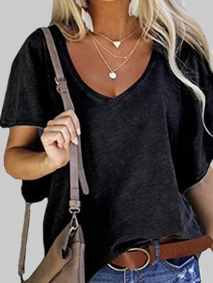 Loose V-neck Lotus Leaf Short Sleeve T-shirt - T-Shirts - INS | Online Fashion Free Shipping Clothing, Dresses, Tops, Shoes - 03/06/2021 - Category_T-Shirts - Color_Black