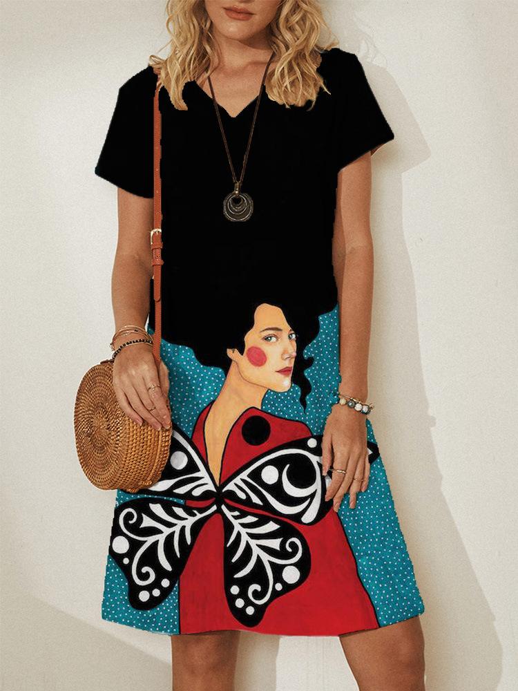 Loose V-neck Print A-line Skirt - Mini Dresses - INS | Online Fashion Free Shipping Clothing, Dresses, Tops, Shoes - 20-30 - 25/06/2021 - color-black