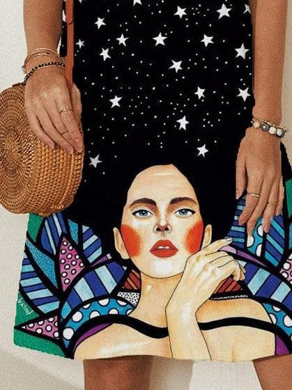 Loose V-neck Print A-line Skirt - Mini Dresses - INS | Online Fashion Free Shipping Clothing, Dresses, Tops, Shoes - 20-30 - 25/06/2021 - color-black