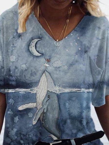 Loose V-neck Printed Short-sleeved T-shirt - T-shirts - INS | Online Fashion Free Shipping Clothing, Dresses, Tops, Shoes - 05/06/2021 - Color_Blue - Color_Gray