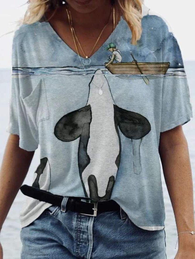 Loose V-neck Printed Short-sleeved T-shirt - T-shirts - INS | Online Fashion Free Shipping Clothing, Dresses, Tops, Shoes - 05/06/2021 - Color_Blue - Color_Gray