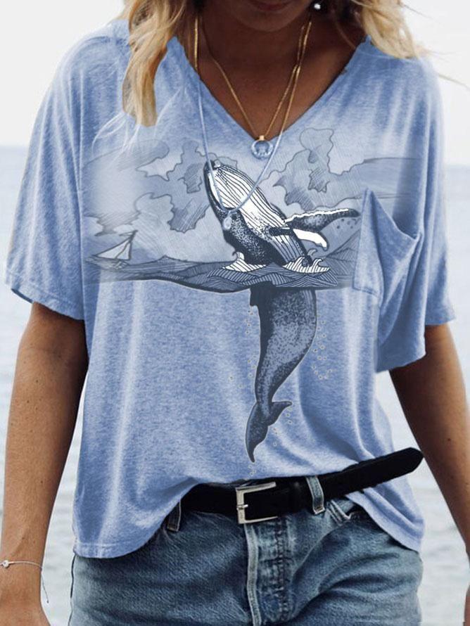 Loose V-neck Printed Short-sleeved T-shirt - T-shirts - INS | Online Fashion Free Shipping Clothing, Dresses, Tops, Shoes - 05/06/2021 - Color_Blue - Color_Gray