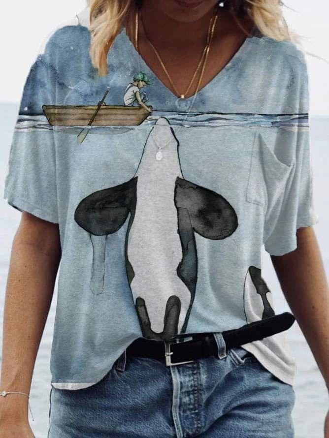 Loose V-neck Printed Short-sleeved T-shirt - T-shirts - INS | Online Fashion Free Shipping Clothing, Dresses, Tops, Shoes - 05/06/2021 - Color_Blue - Color_Gray