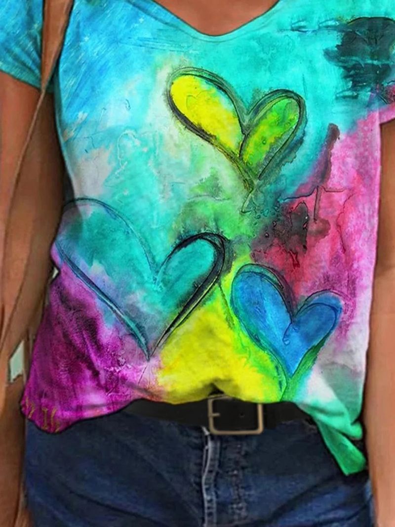 Loose V-neck Short Sleeve T-shirt With Love Print - T-Shirts - INS | Online Fashion Free Shipping Clothing, Dresses, Tops, Shoes - 03/06/2021 - Category_T-Shirts - Color_Multicolor