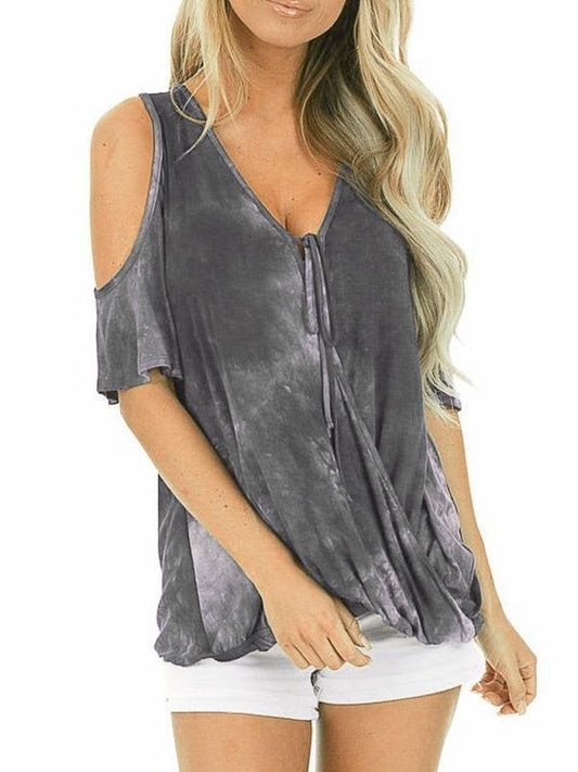 Loose V-neck Short-sleeved Tie-dye T-shirt - T-shirts - INS | Online Fashion Free Shipping Clothing, Dresses, Tops, Shoes - 02/06/2021 - Color_Blue - Color_Gray