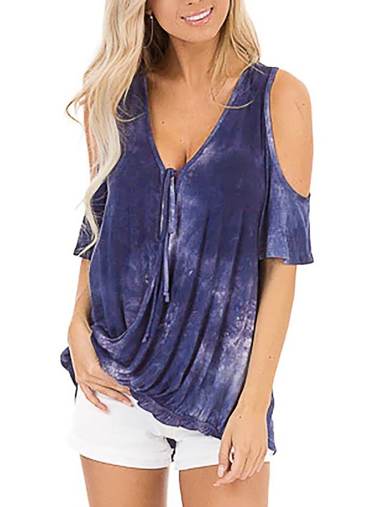 Loose V-neck Short-sleeved Tie-dye T-shirt - T-shirts - INS | Online Fashion Free Shipping Clothing, Dresses, Tops, Shoes - 02/06/2021 - Color_Blue - Color_Gray