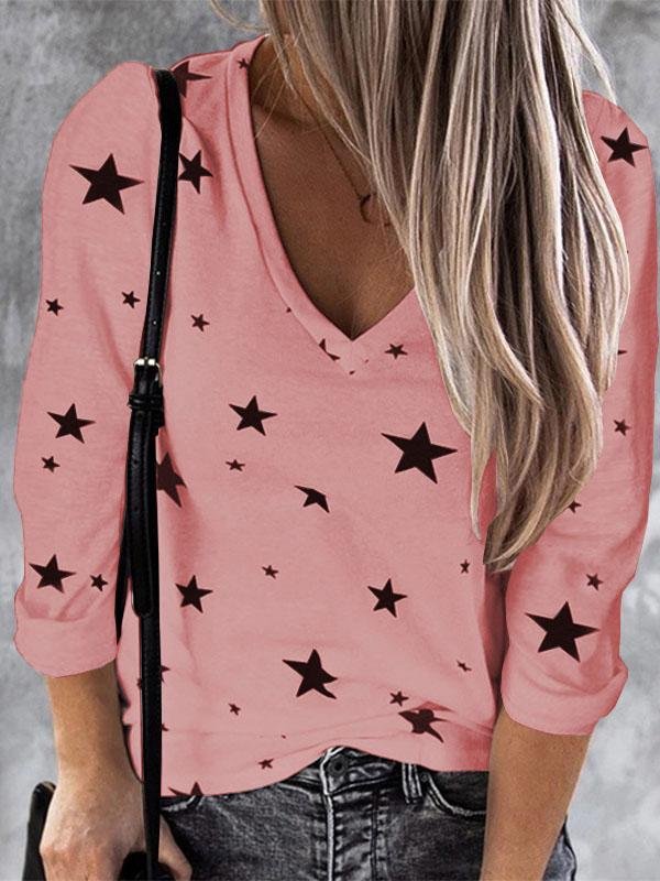 Loose V-Neck Star Print Long Sleeve T-Shirt - T-Shirts - INS | Online Fashion Free Shipping Clothing, Dresses, Tops, Shoes - 10-20 - 12/07/2021 - Category_T-Shirts