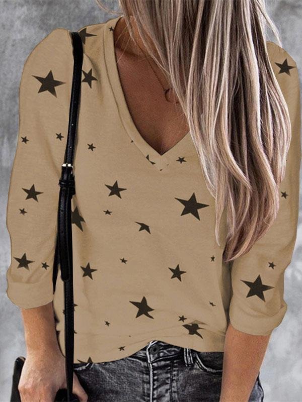 Loose V-Neck Star Print Long Sleeve T-Shirt - T-Shirts - INS | Online Fashion Free Shipping Clothing, Dresses, Tops, Shoes - 10-20 - 12/07/2021 - Category_T-Shirts