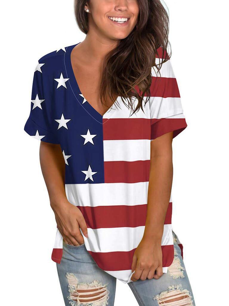 Loose V-neck Stripe Print Short-sleeved T-shirt - T-shirts - INS | Online Fashion Free Shipping Clothing, Dresses, Tops, Shoes - 04/06/2021 - Color_Blue - Color_Red