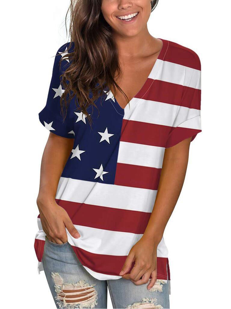 Loose V-neck Stripe Print Short-sleeved T-shirt - T-shirts - INS | Online Fashion Free Shipping Clothing, Dresses, Tops, Shoes - 04/06/2021 - Color_Blue - Color_Red