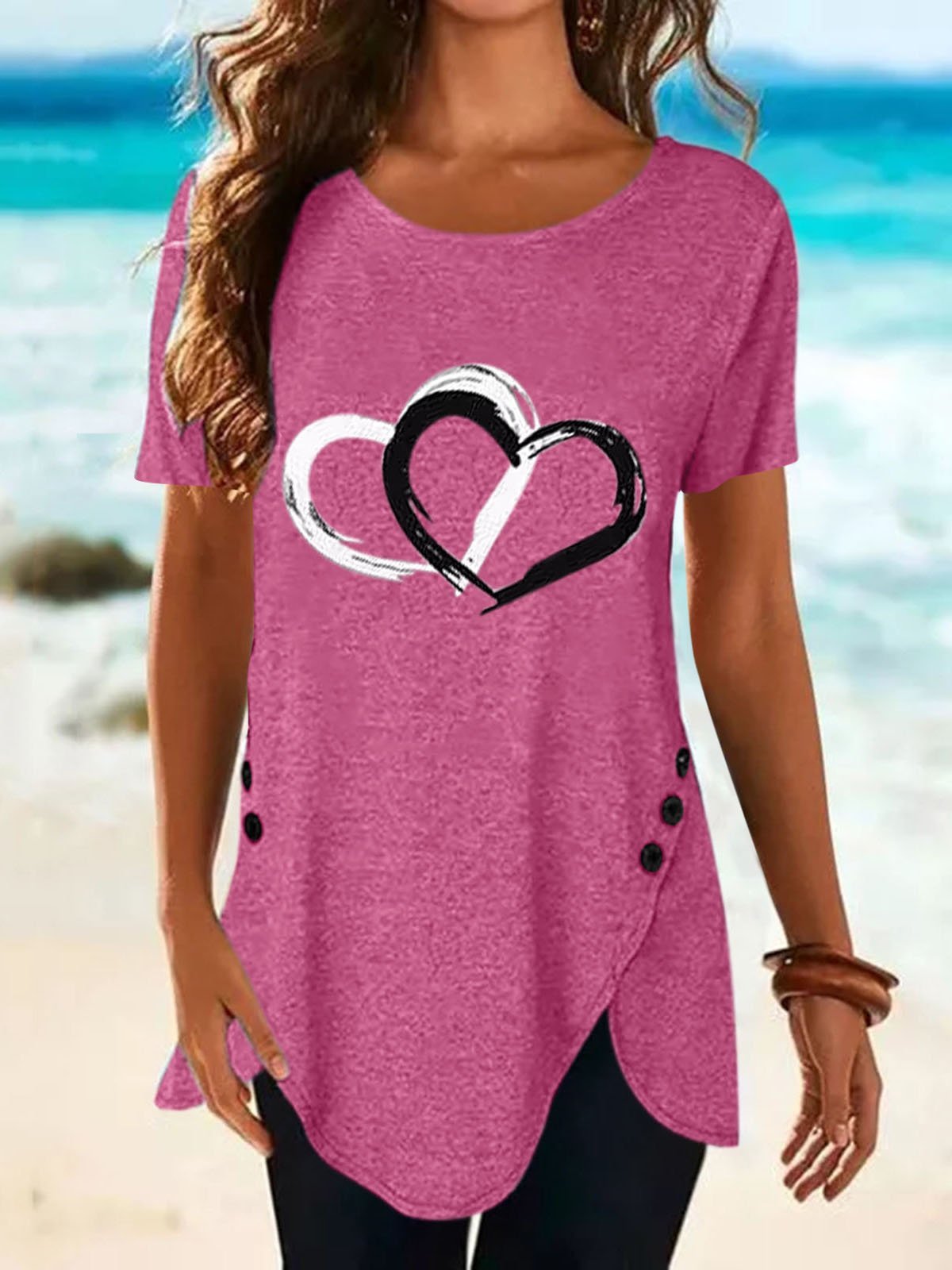 Love Print Button Short Sleeve T-shirt - T-shirts - INS | Online Fashion Free Shipping Clothing, Dresses, Tops, Shoes - 10-20 - 14/07/2021 - color-black