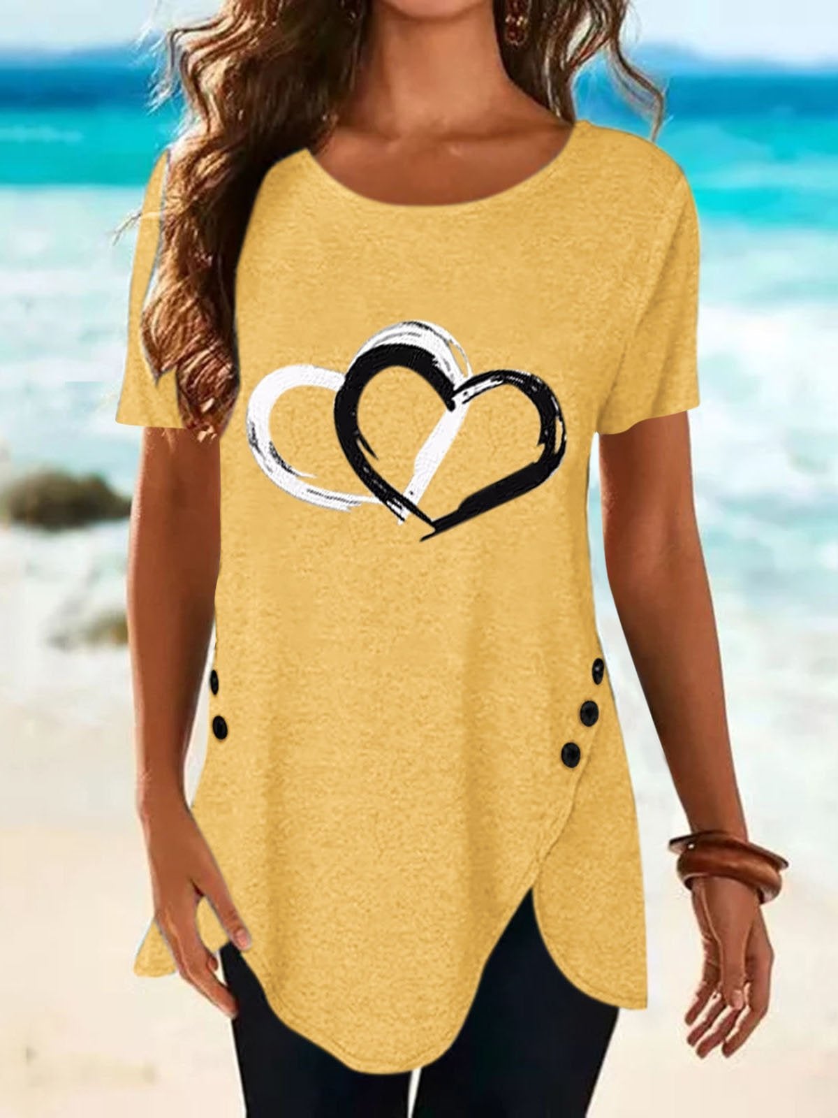 Love Print Button Short Sleeve T-shirt - T-shirts - INS | Online Fashion Free Shipping Clothing, Dresses, Tops, Shoes - 10-20 - 14/07/2021 - color-black