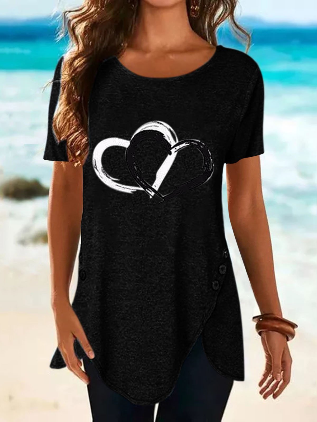 Love Print Button Short Sleeve T-shirt - T-shirts - INS | Online Fashion Free Shipping Clothing, Dresses, Tops, Shoes - 10-20 - 14/07/2021 - color-black