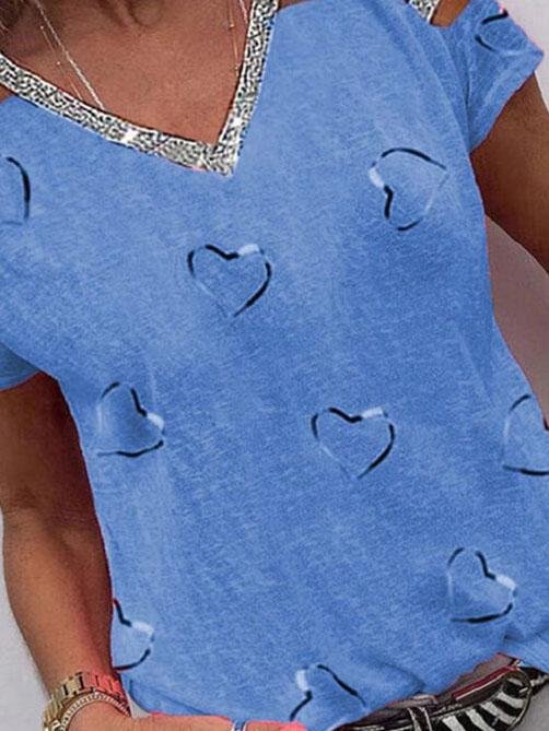 Love Print V-neck Off The Shoulder T-shirt - T-Shirts - INS | Online Fashion Free Shipping Clothing, Dresses, Tops, Shoes - 04/06/2021 - Category_T-Shirts - Color_Blue